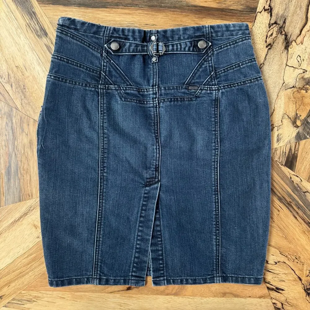 Kensie Dark Wash Paneled Denim Pencil Skirt Stretch Midi 90's Style Retro Large